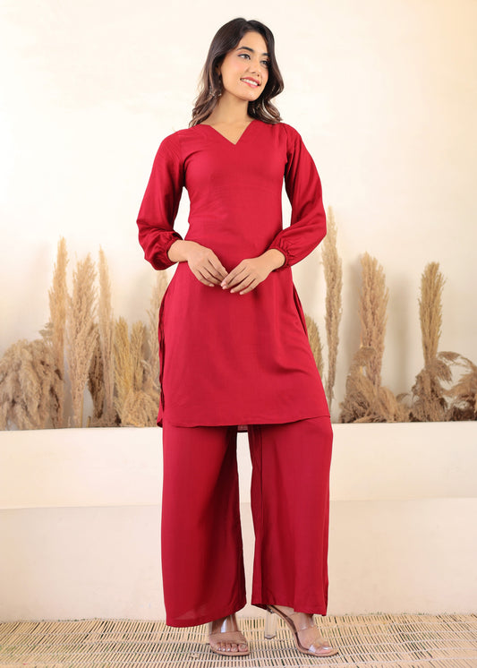 Maroon Rayon Chikankari Kurta Palazzo Set  For Women