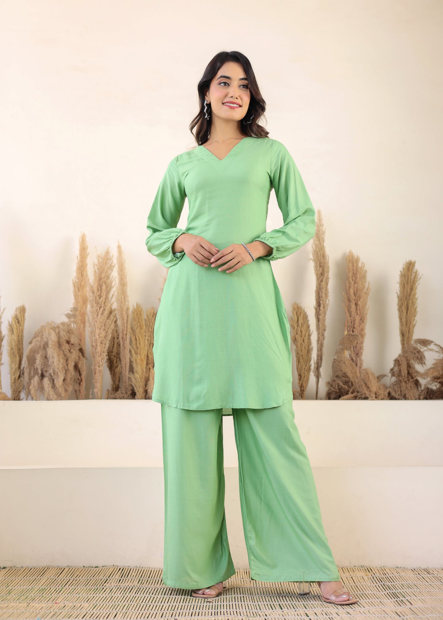 Pista Rayon Chikankari Kurta Palazzo Set  For Women