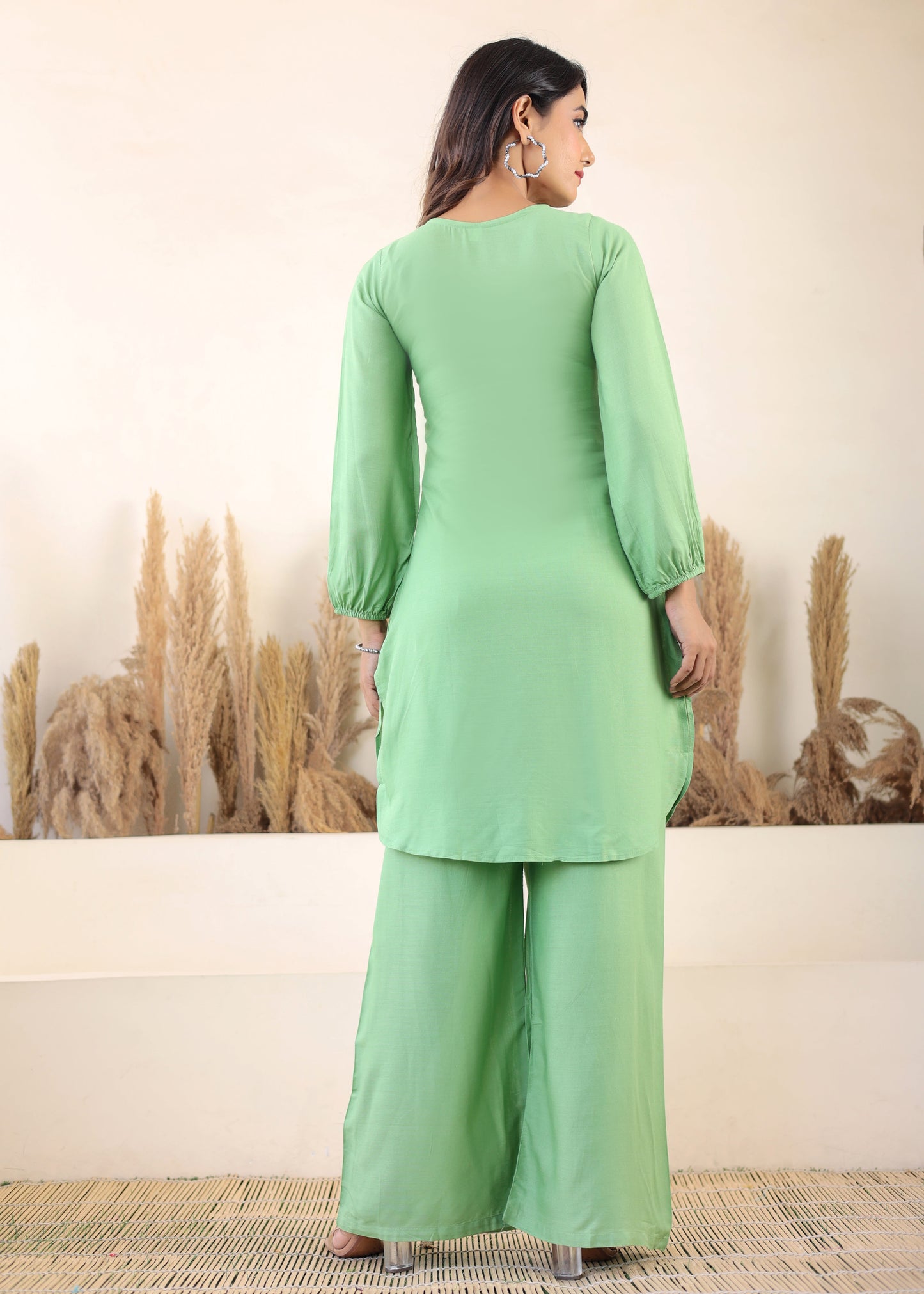 Pista Rayon Chikankari Kurta Palazzo Set  For Women