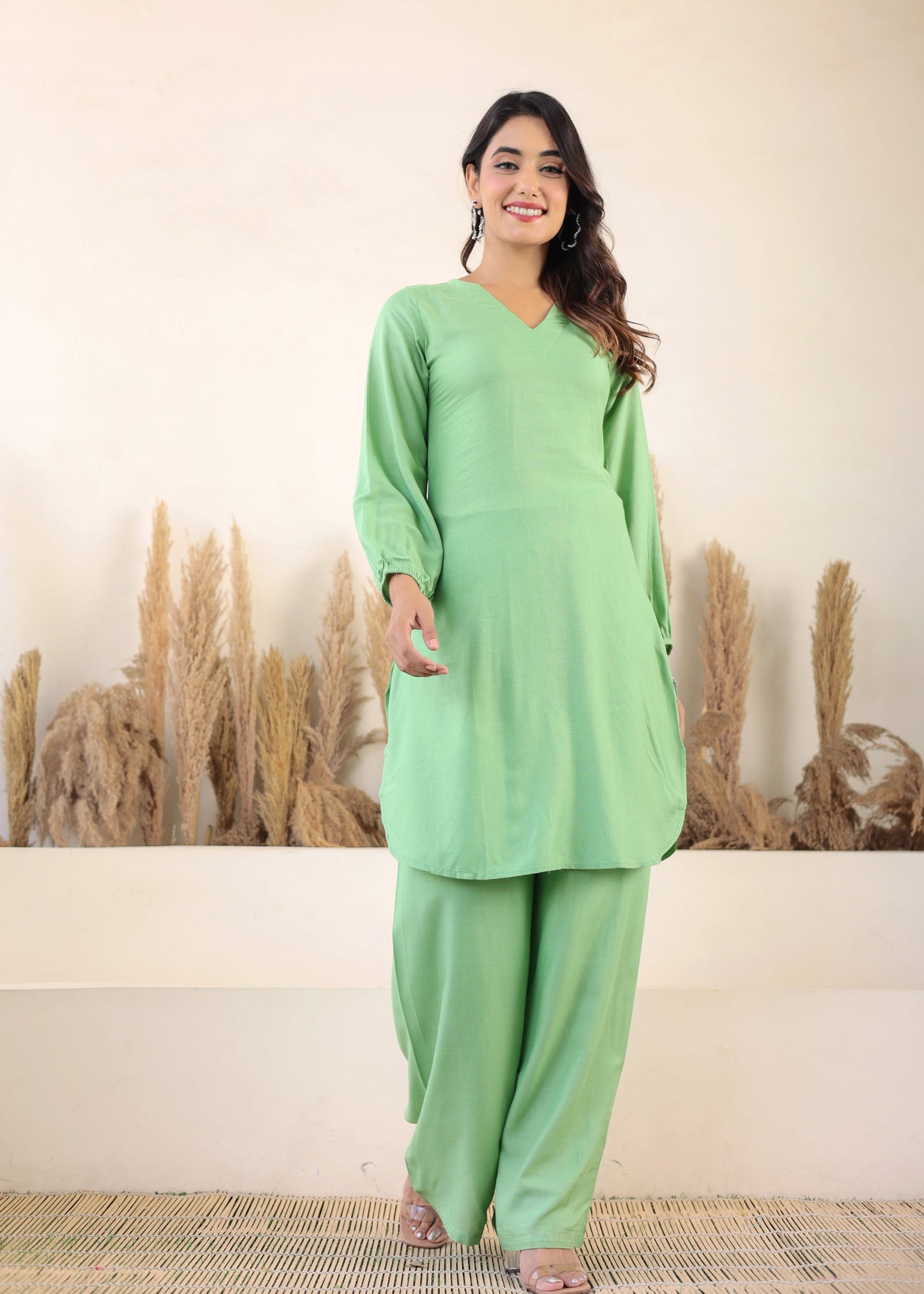 Pista Rayon Chikankari Kurta Palazzo Set  For Women