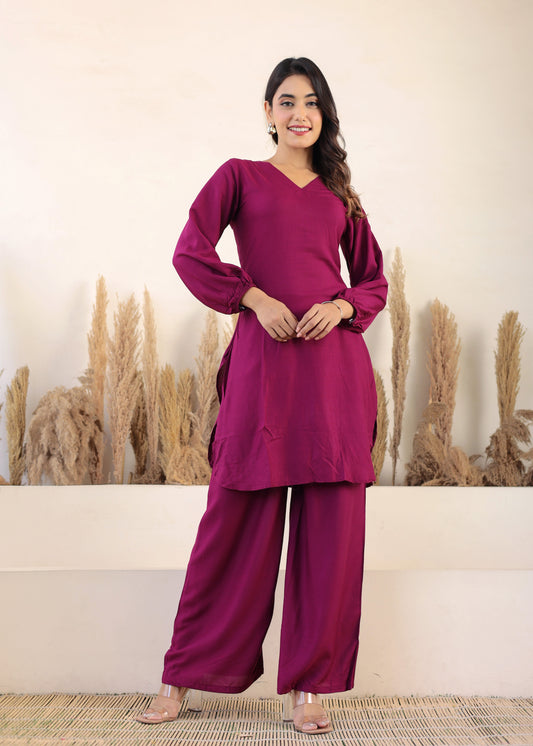 Wine Rayon Chikankari Kurta Palazzo Set  For Women