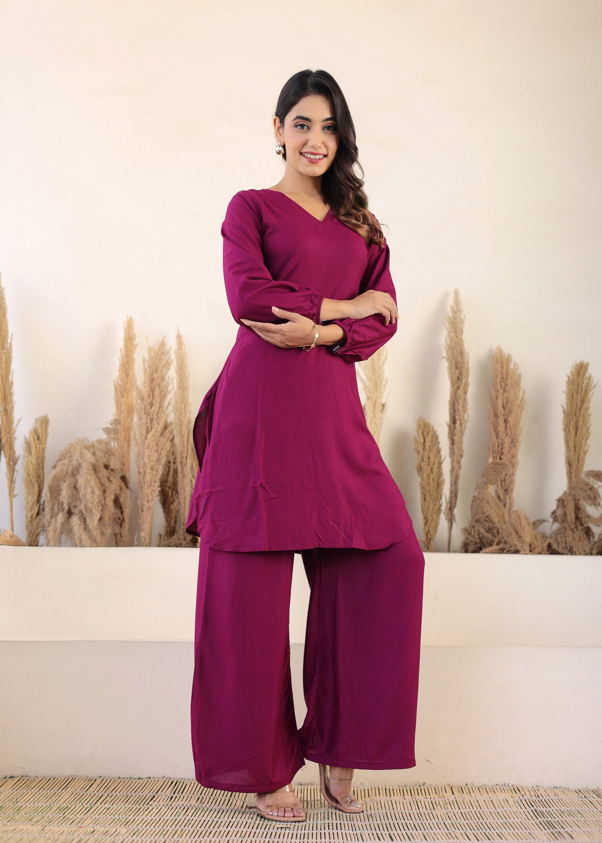 Wine Rayon Chikankari Kurta Palazzo Set  For Women