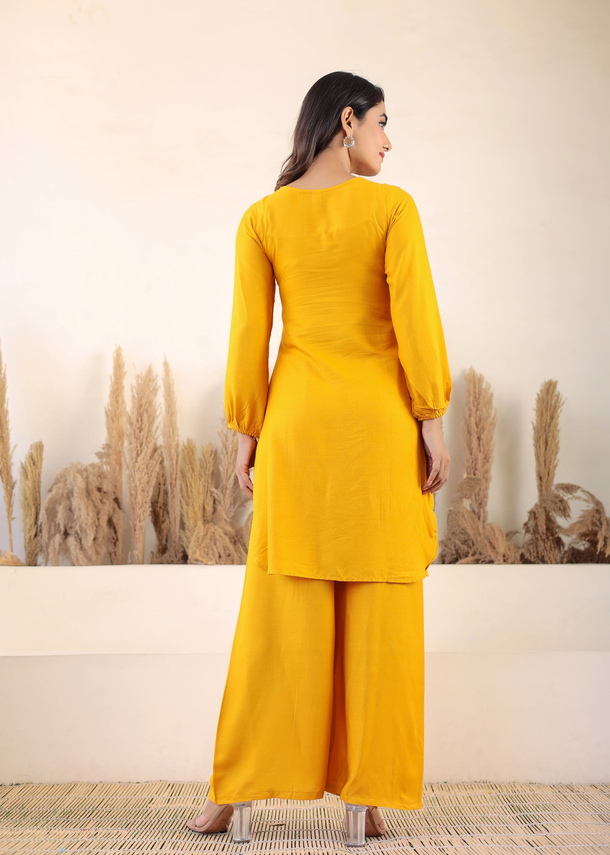 Yellow Rayon Chikankari Kurta Palazzo Set  For Women