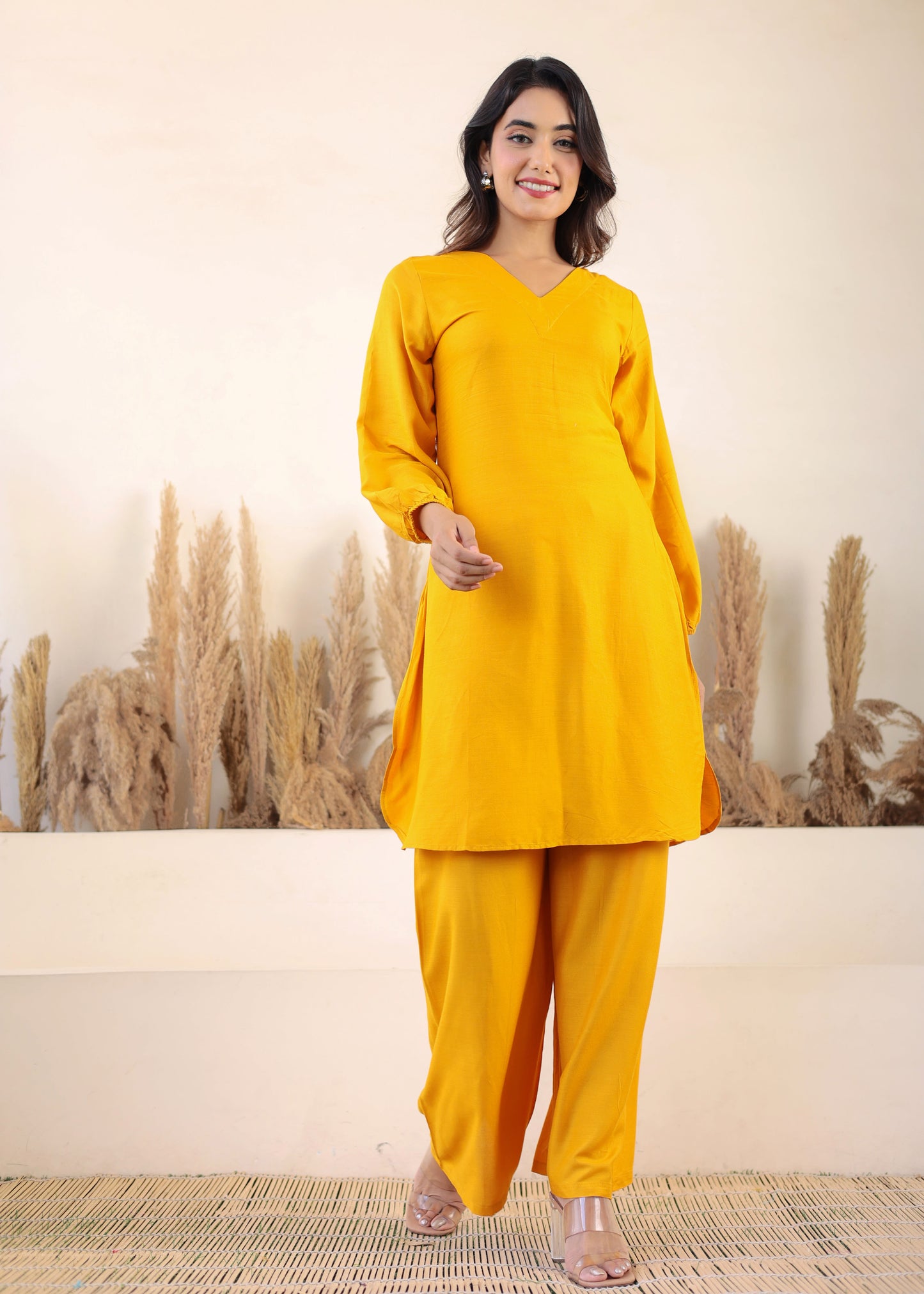 Yellow Rayon Chikankari Kurta Palazzo Set  For Women