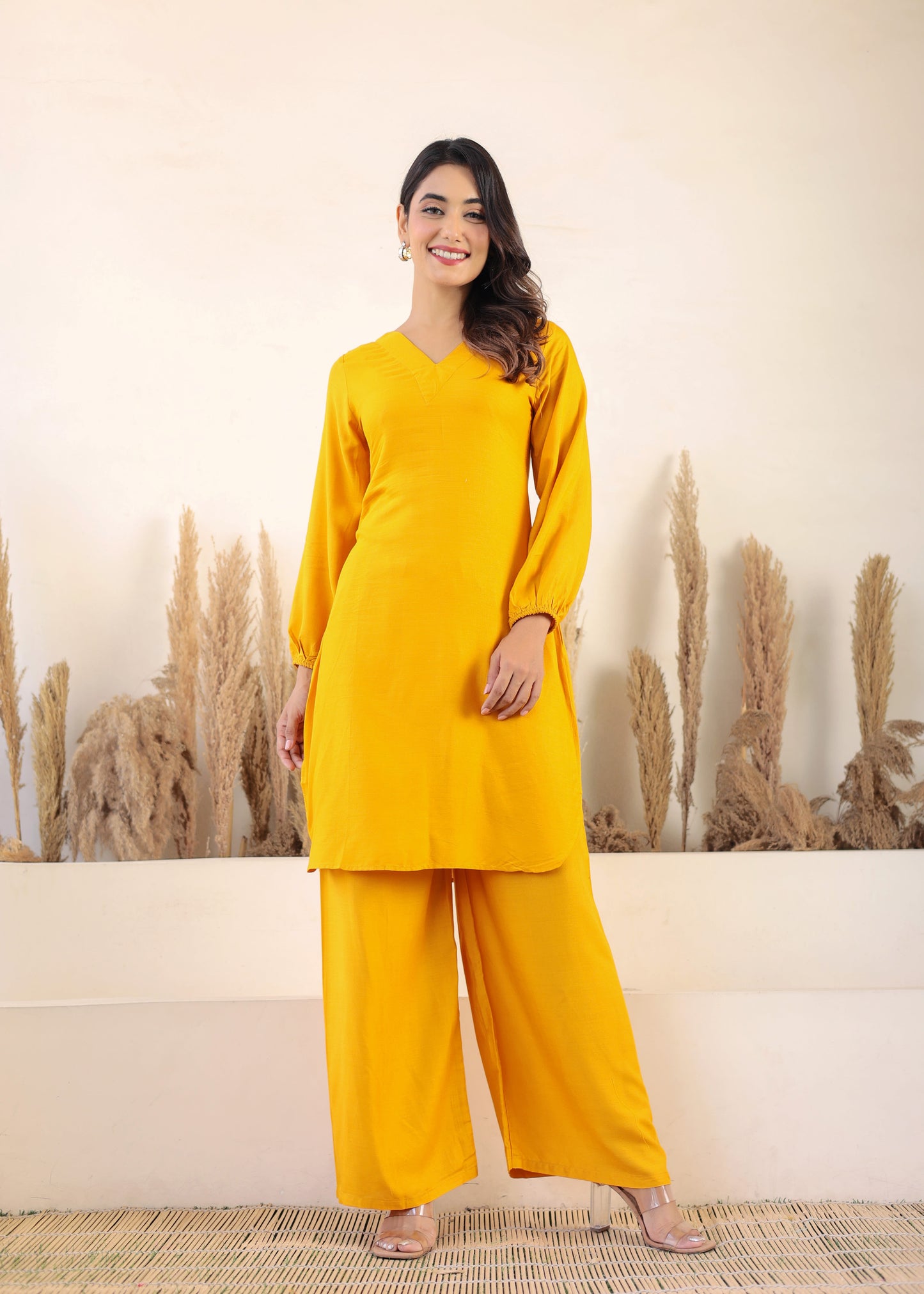 Yellow Rayon Chikankari Kurta Palazzo Set  For Women