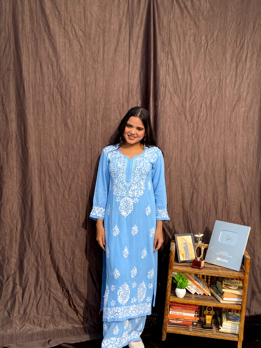 D Sky Chikankari Straight Kurta Palazzo Set Readymade For Women