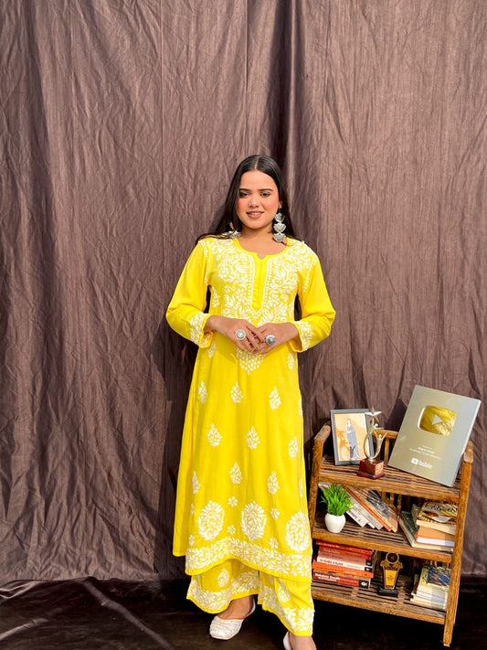 Lemon Chikankari Straight Kurta Palazzo Set Readymade For Women