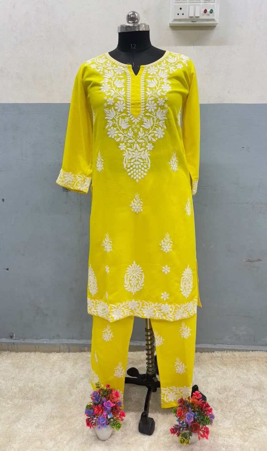 Lemon Chikankari Straight Kurta Palazzo Set Readymade For Women