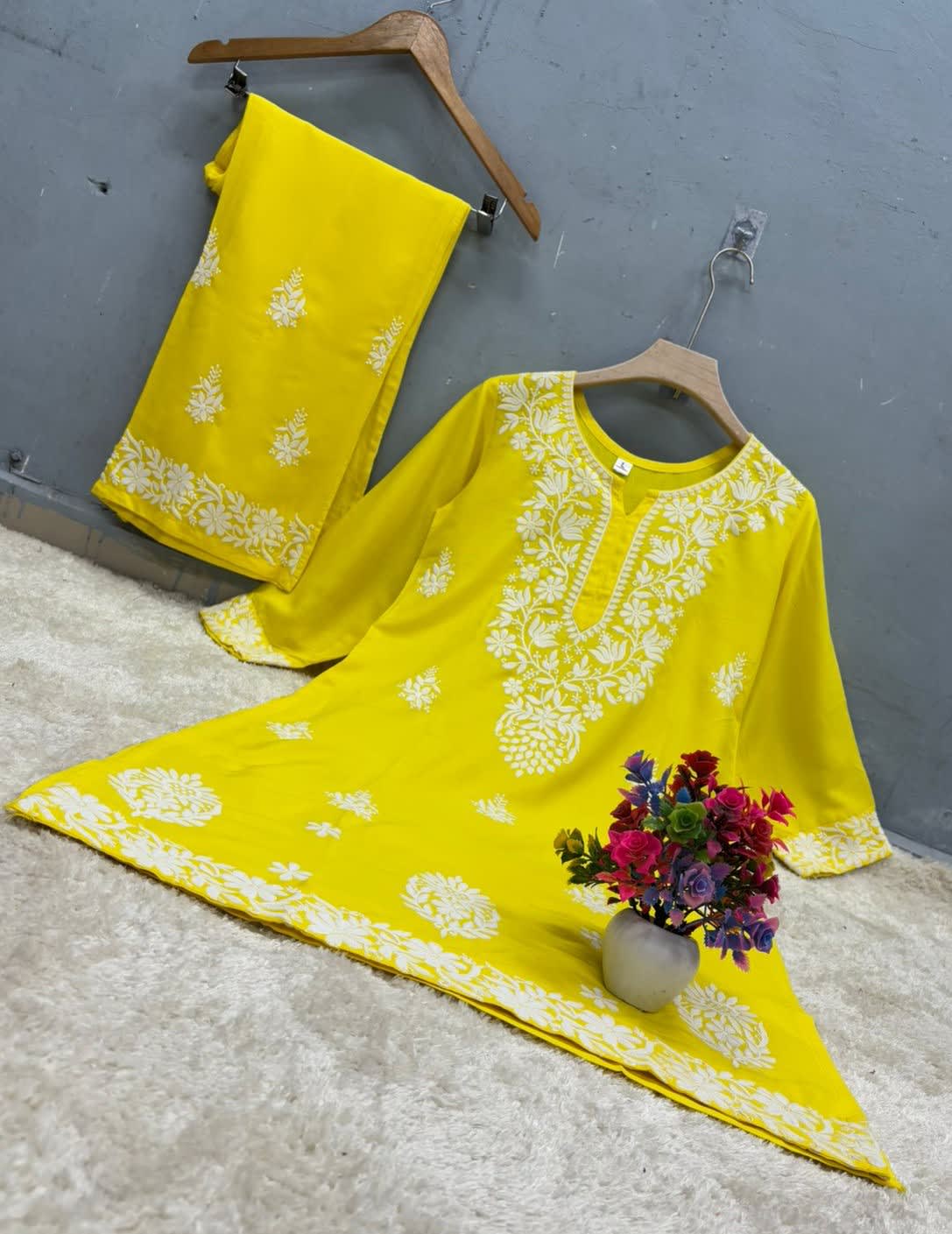 Lemon Chikankari Straight Kurta Palazzo Set Readymade For Women