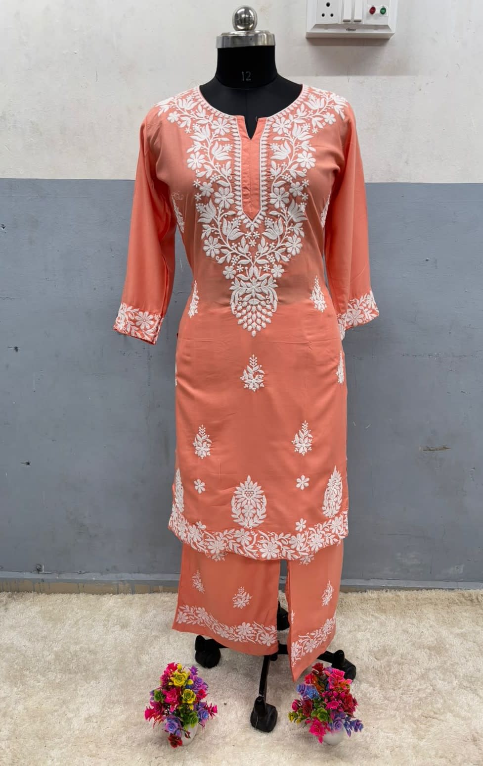 Peach Chikankari Straight Kurta Palazzo Set Readymade For Women