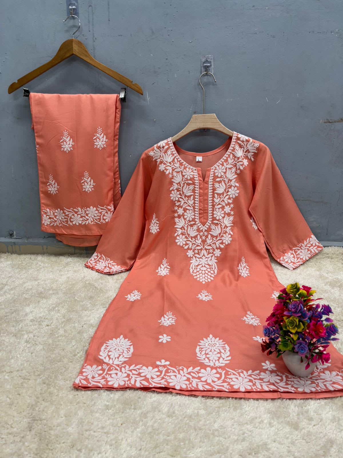 Peach Chikankari Straight Kurta Palazzo Set Readymade For Women