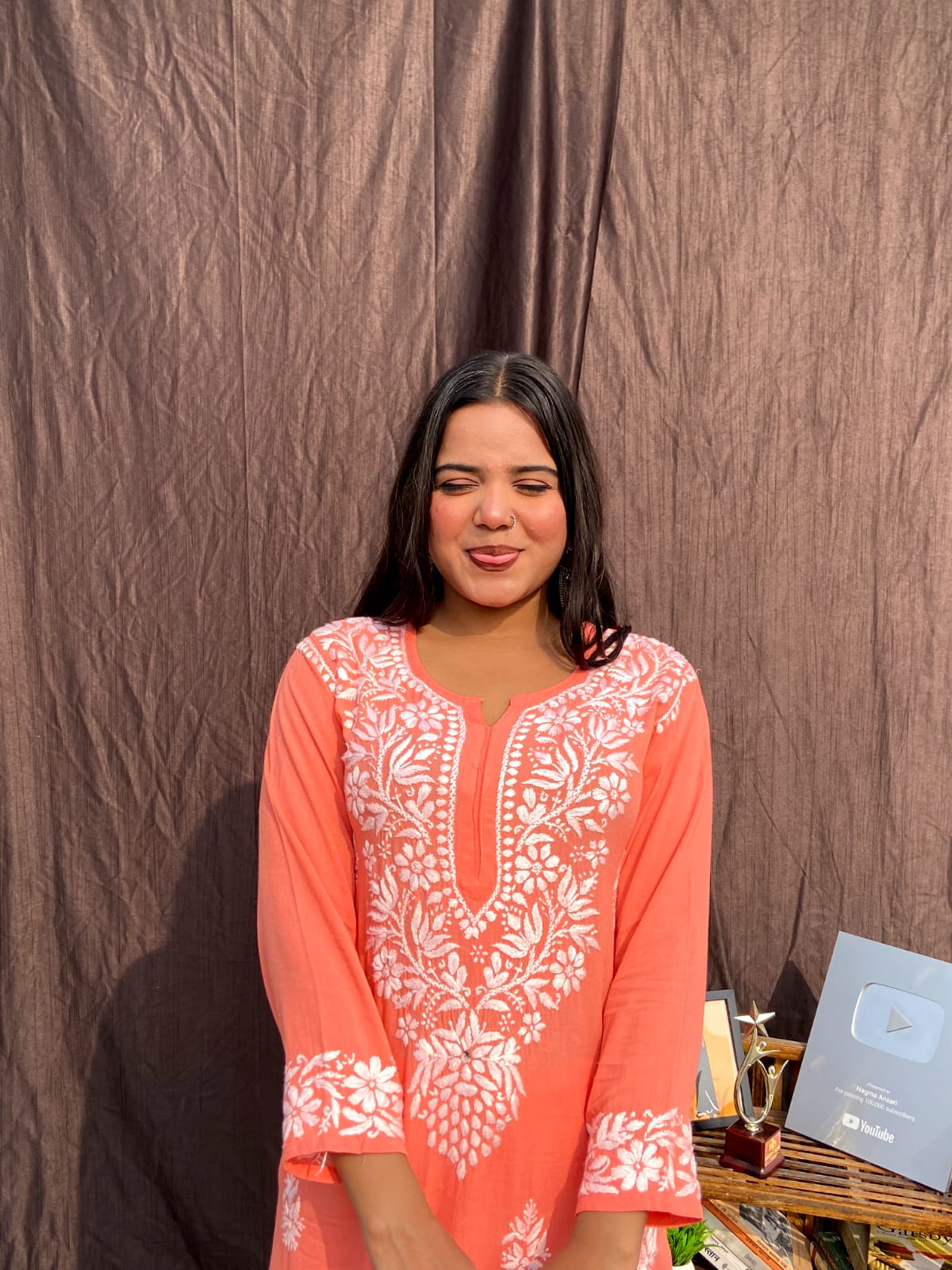 Peach Chikankari Straight Kurta Palazzo Set Readymade For Women