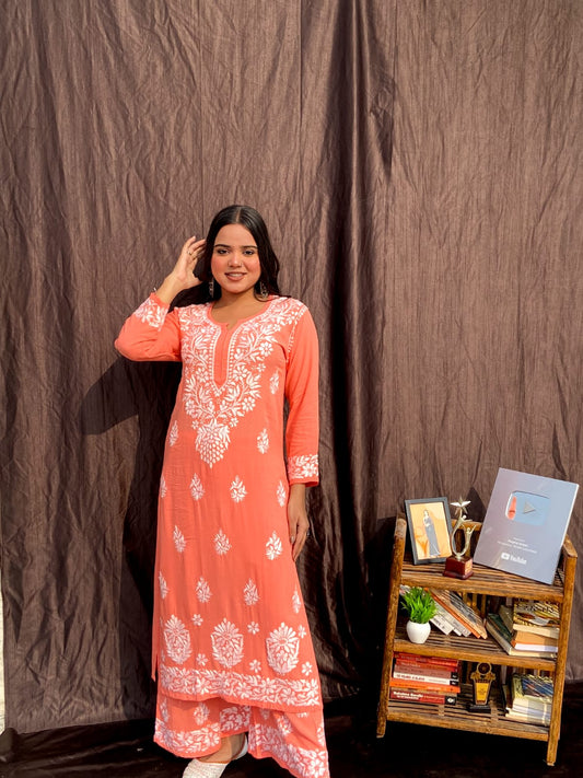 Peach Chikankari Straight Kurta Palazzo Set Readymade For Women