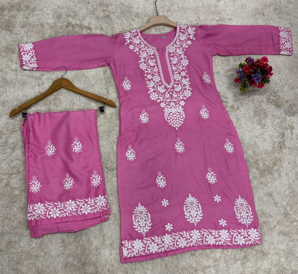 Pink Chikankari Straight Kurta Palazzo Set Readymade For Women
