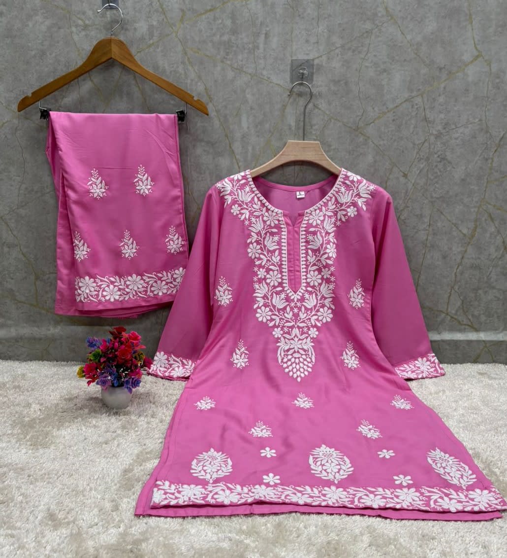 Pink Chikankari Straight Kurta Palazzo Set Readymade For Women