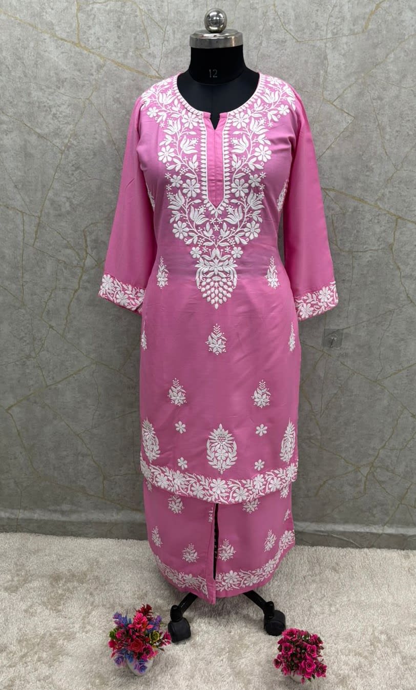 Pink Chikankari Straight Kurta Palazzo Set Readymade For Women