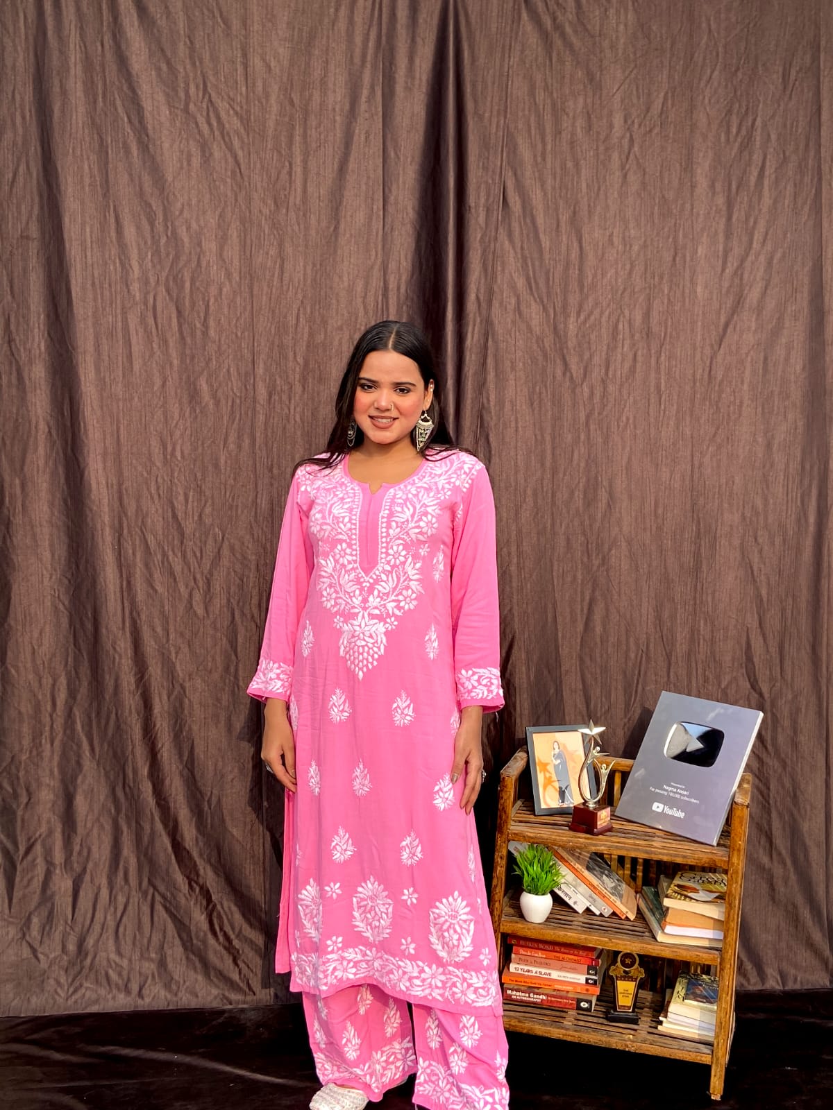 Pink Chikankari Straight Kurta Palazzo Set Readymade For Women
