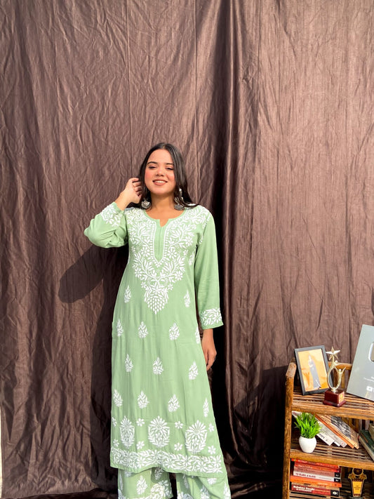Pista Chikankari Straight Kurta Palazzo Set Readymade For Women
