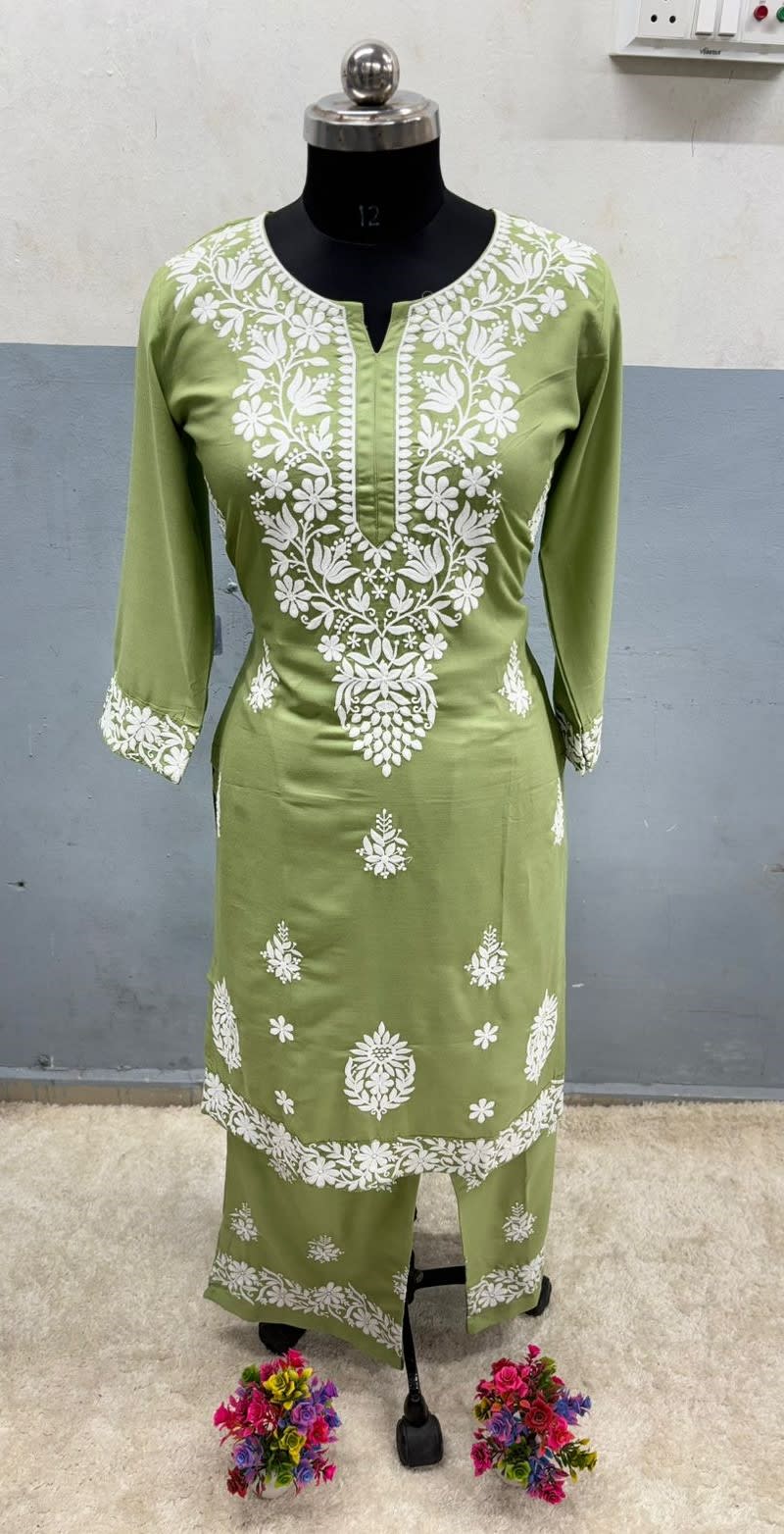 Pista Chikankari Straight Kurta Palazzo Set Readymade For Women