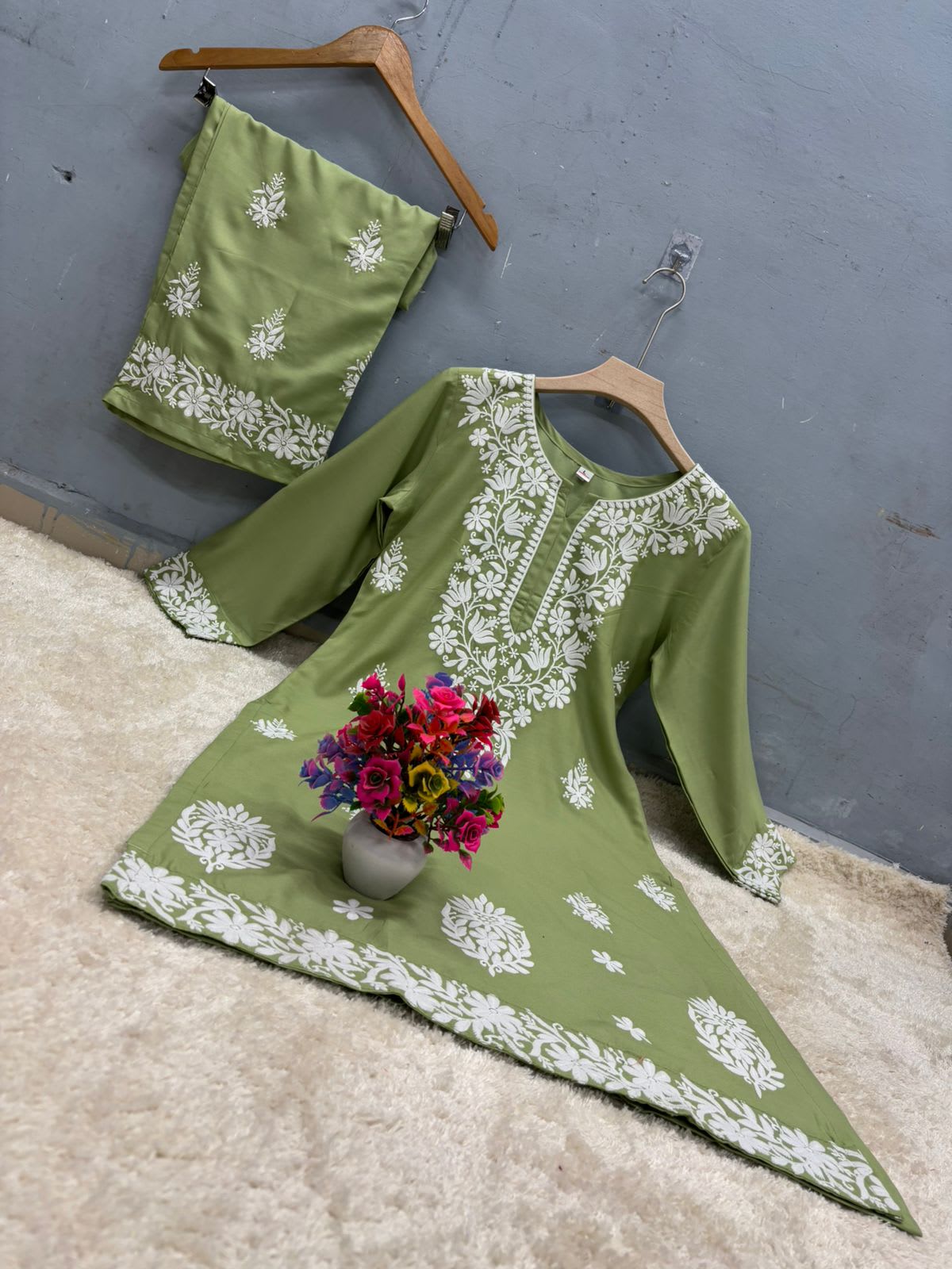 Pista Chikankari Straight Kurta Palazzo Set Readymade For Women