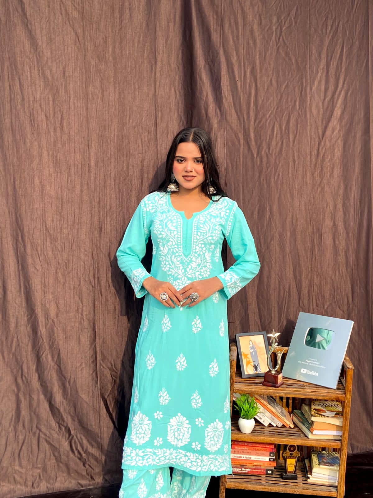 Pool Chikankari Straight Kurta Palazzo Set Readymade For Women