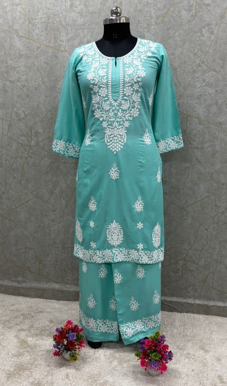 Pool Chikankari Straight Kurta Palazzo Set Readymade For Women