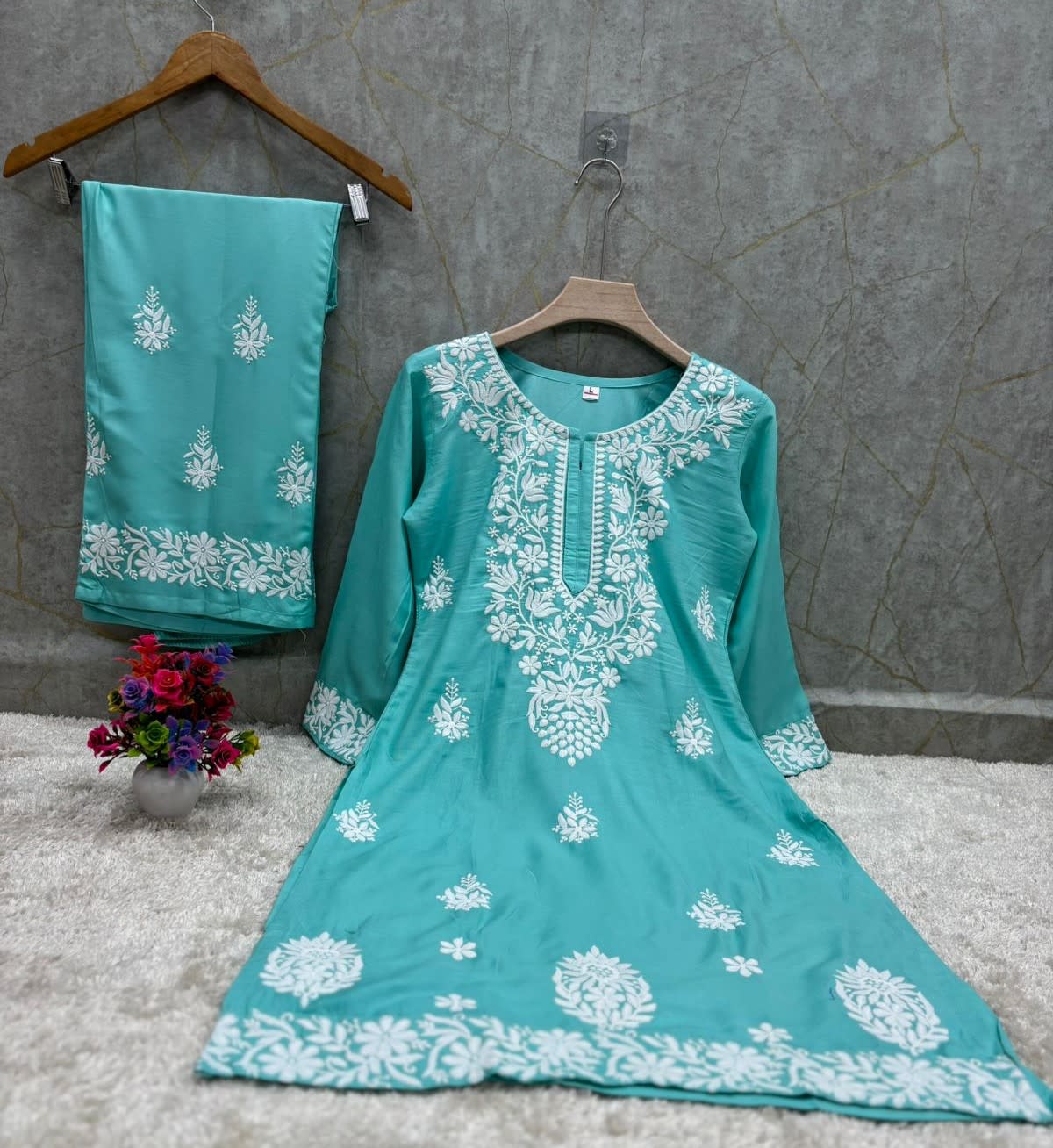 Pool Chikankari Straight Kurta Palazzo Set Readymade For Women