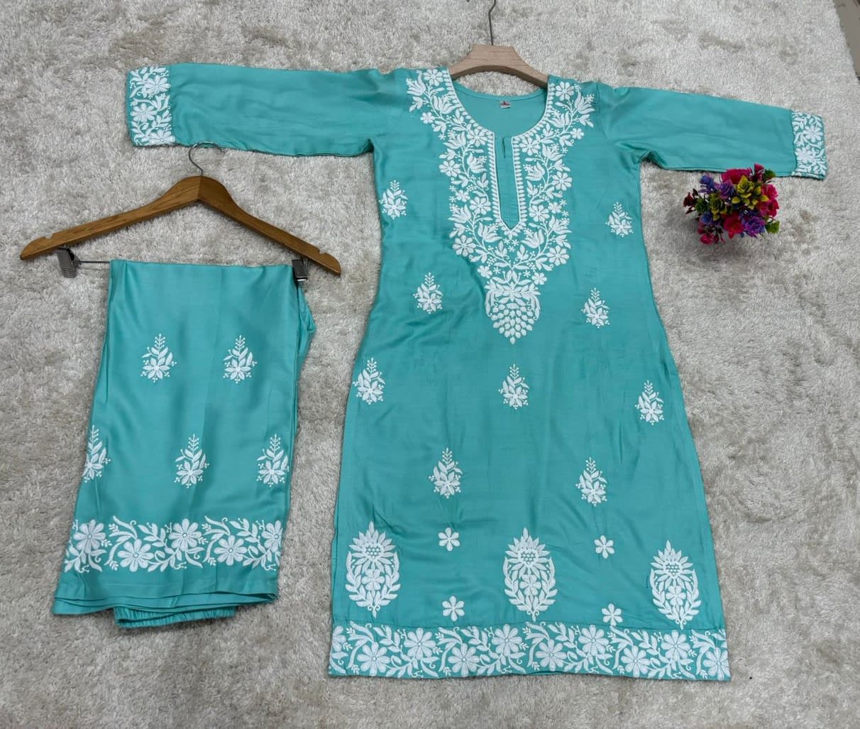 Pool Chikankari Straight Kurta Palazzo Set Readymade For Women