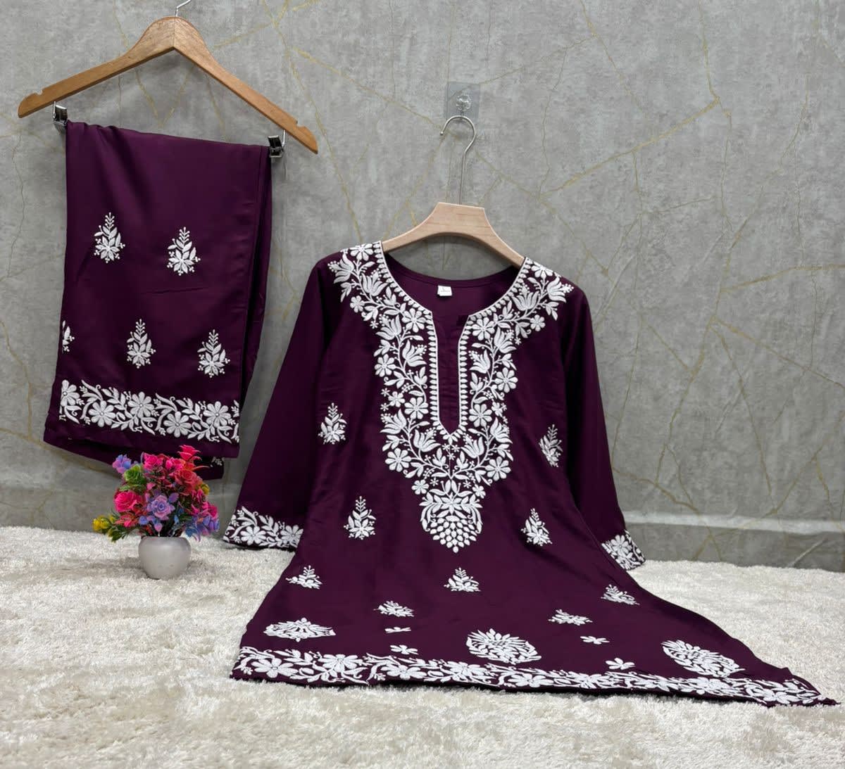 Wine Chikankari Straight Kurta Palazzo Set Readymade For Women