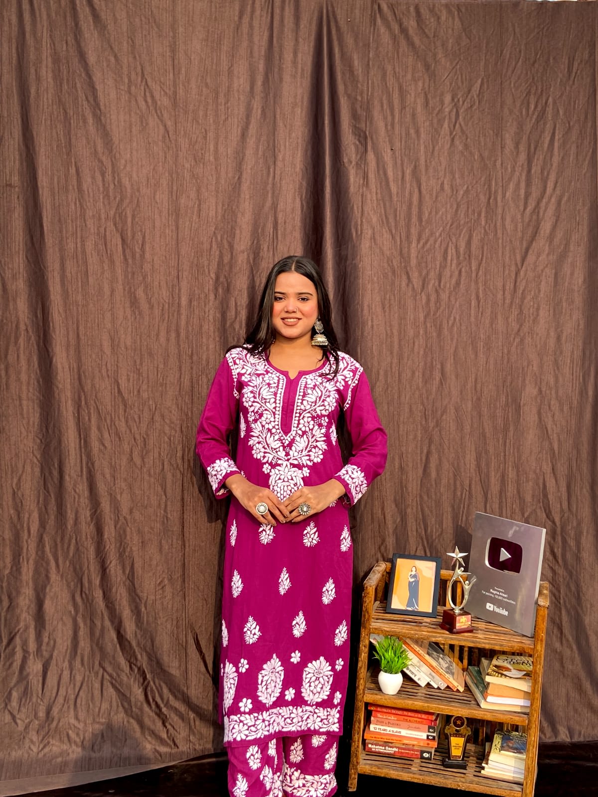 Wine Chikankari Straight Kurta Palazzo Set Readymade For Women