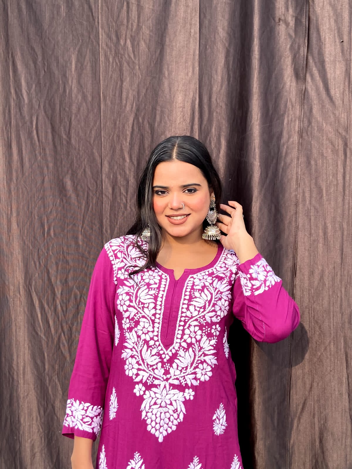 Wine Chikankari Straight Kurta Palazzo Set Readymade For Women