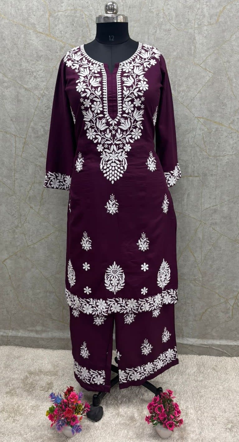 Wine Chikankari Straight Kurta Palazzo Set Readymade For Women