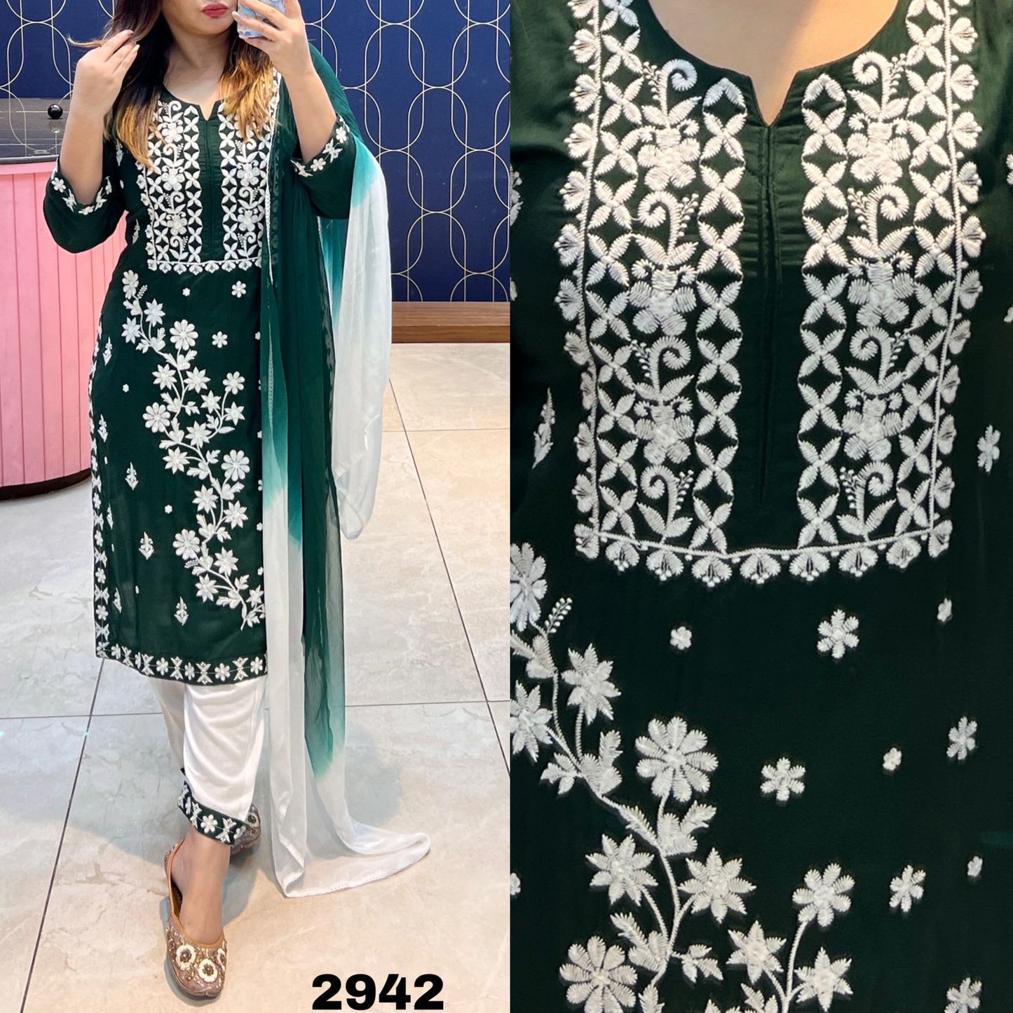 GREEN Chikankari Kurti With Dupatta And Bottom Wear 3 Piece Set