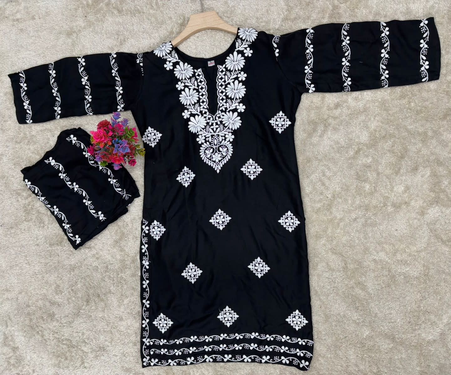 Black  Chikankari Kurti With Matching Printed Plazzo Suit 2Ps For Women