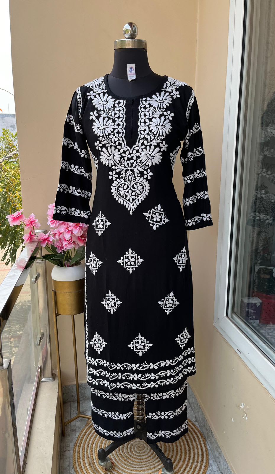 Black  Chikankari Kurti With Matching Printed Plazzo Suit 2Ps For Women