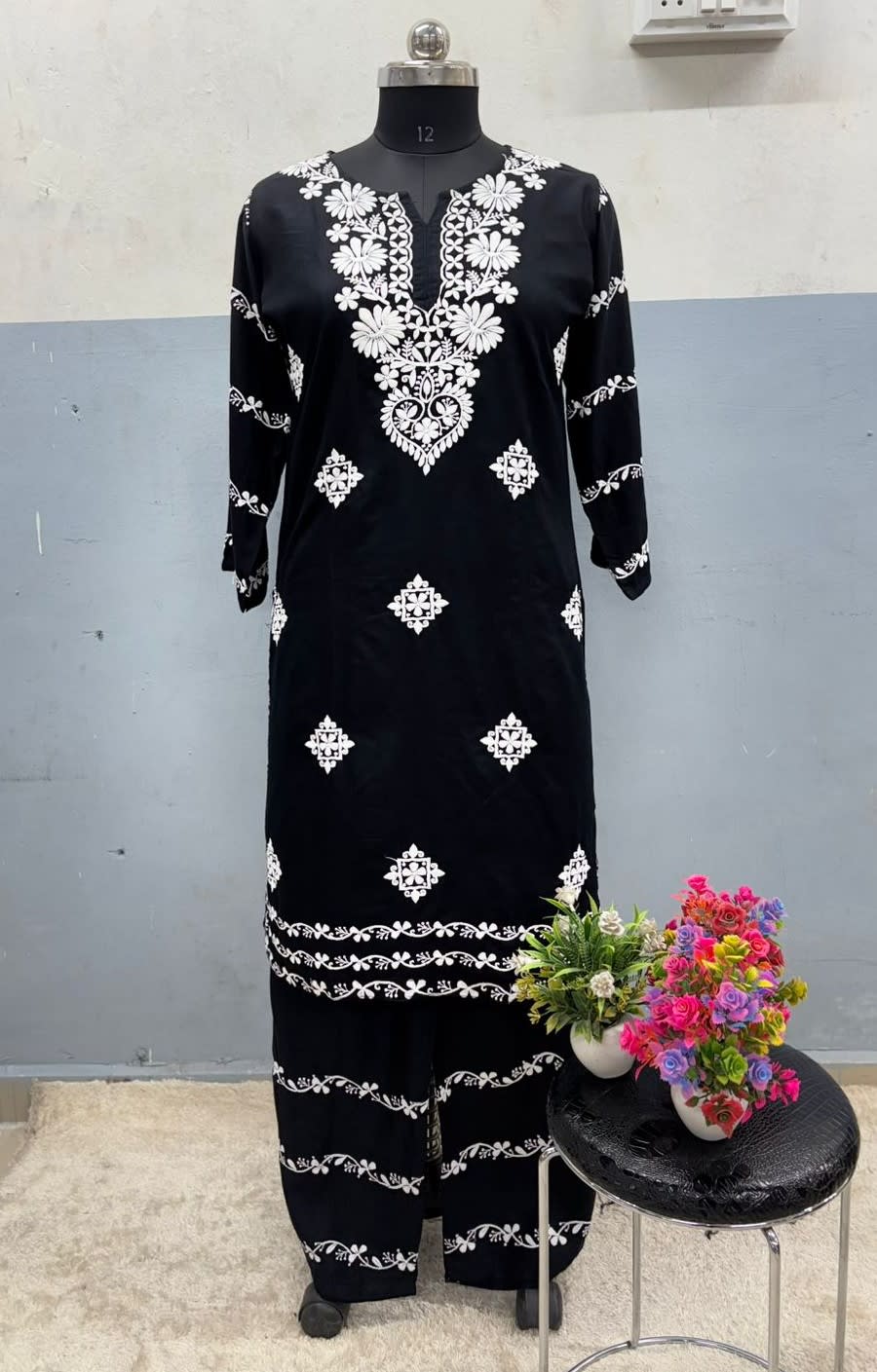 Black  Chikankari Kurti With Matching Printed Plazzo Suit 2Ps For Women