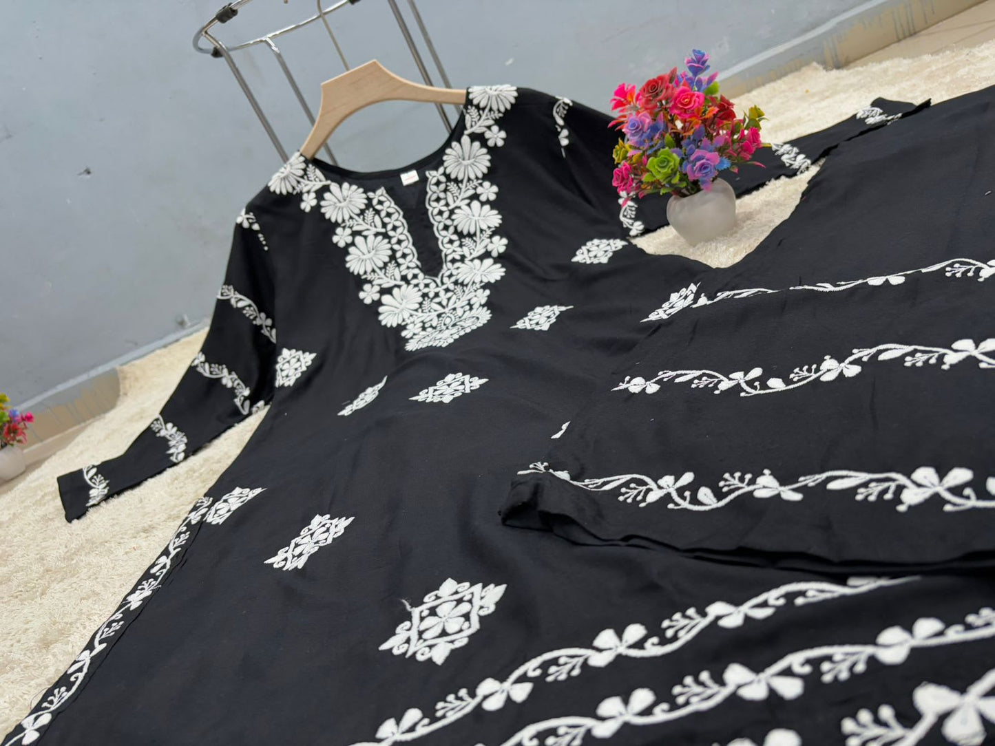 Black  Chikankari Kurti With Matching Printed Plazzo Suit 2Ps For Women