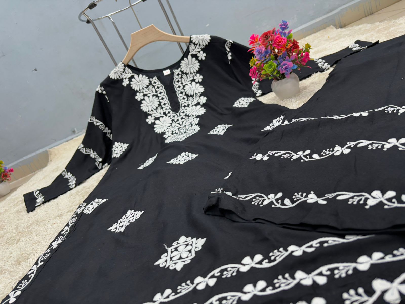 Black  Chikankari Kurti With Matching Printed Plazzo Suit 2Ps For Women