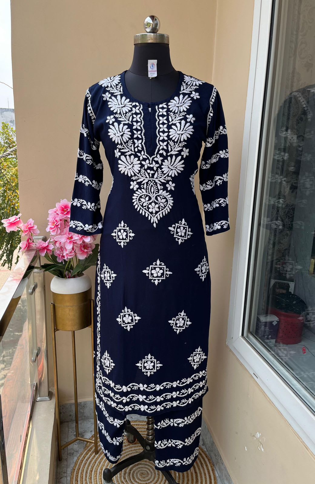 Blue  Chikankari Kurti With Matching Printed Plazzo Suit 2Ps For Women