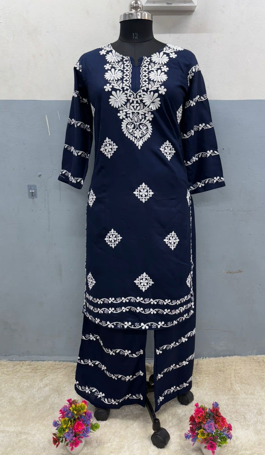 Blue  Chikankari Kurti With Matching Printed Plazzo Suit 2Ps For Women
