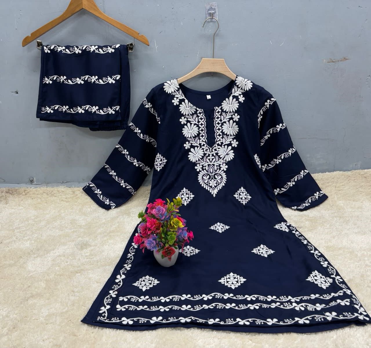Blue  Chikankari Kurti With Matching Printed Plazzo Suit 2Ps For Women