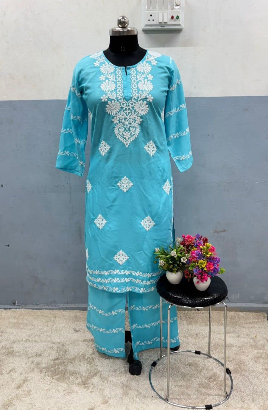 Firoji  Chikankari Kurti With Matching Printed Plazzo Suit 2Ps For Women