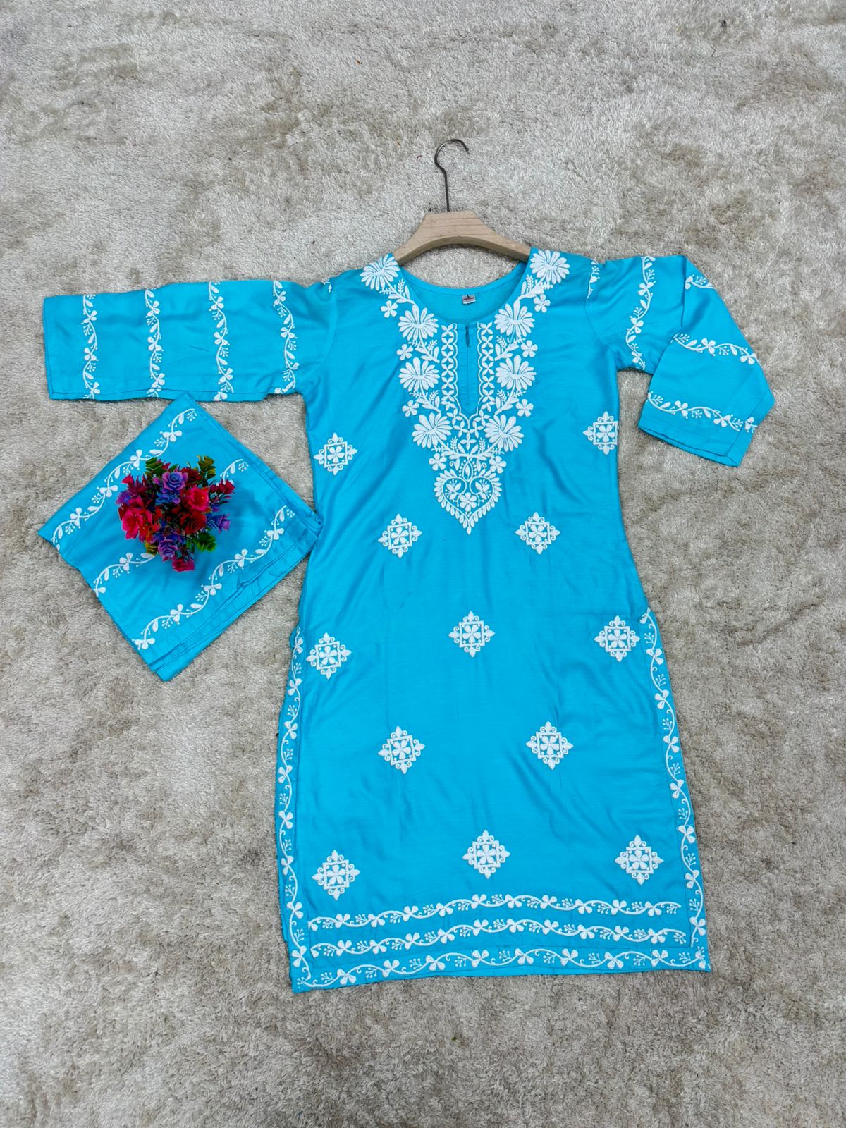Firoji  Chikankari Kurti With Matching Printed Plazzo Suit 2Ps For Women