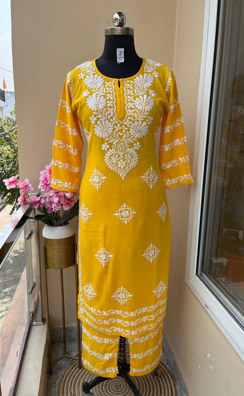 Lemon  Chikankari Kurti With Matching Printed Plazzo Suit 2Ps For Women
