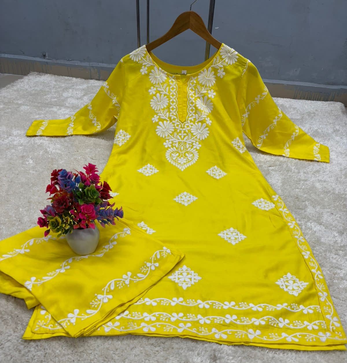 Lemon  Chikankari Kurti With Matching Printed Plazzo Suit 2Ps For Women