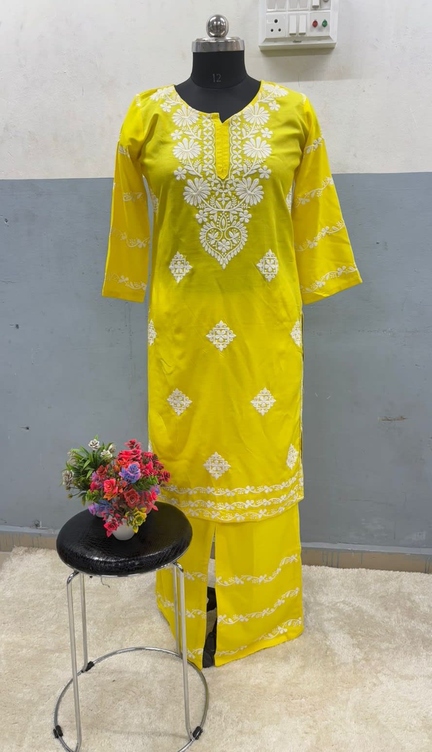 Lemon  Chikankari Kurti With Matching Printed Plazzo Suit 2Ps For Women
