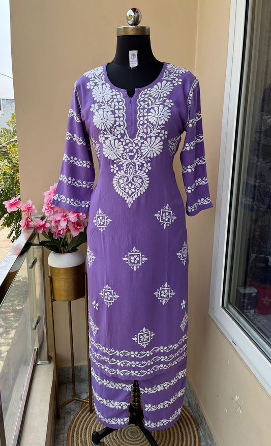 Light Purple  Chikankari Kurti With Matching Printed Plazzo Suit 2Ps For Women