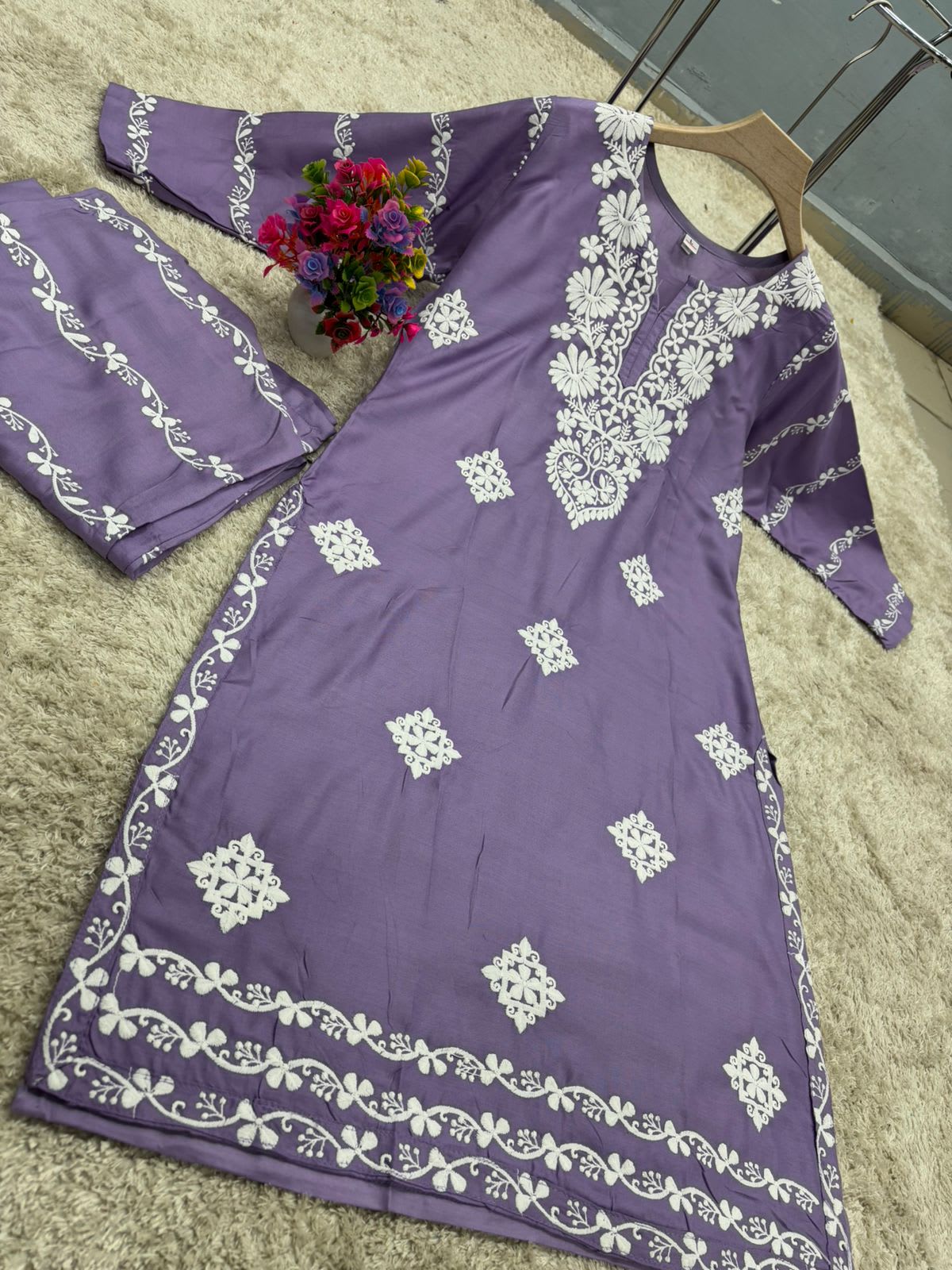 Light Purple  Chikankari Kurti With Matching Printed Plazzo Suit 2Ps For Women