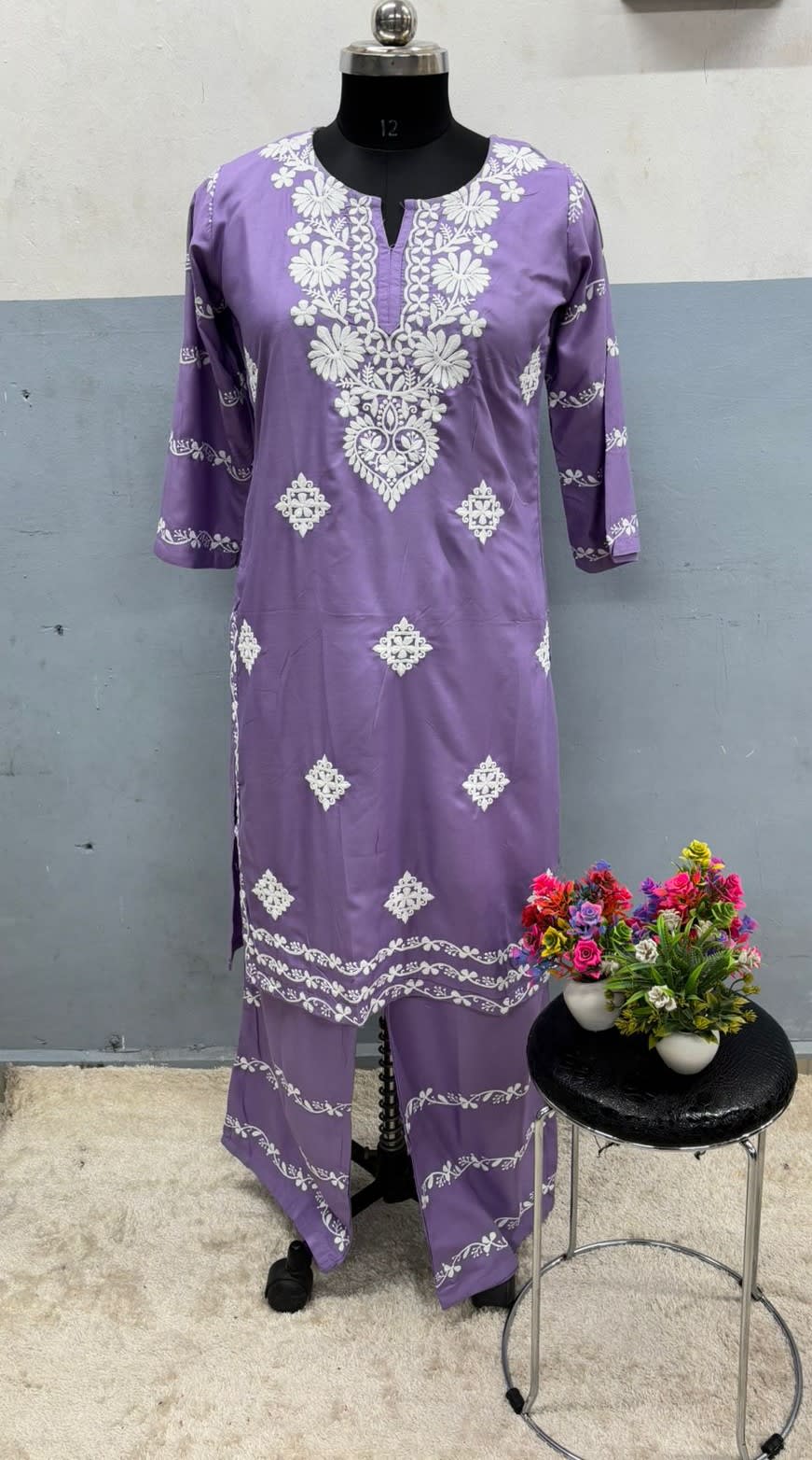 Light Purple  Chikankari Kurti With Matching Printed Plazzo Suit 2Ps For Women