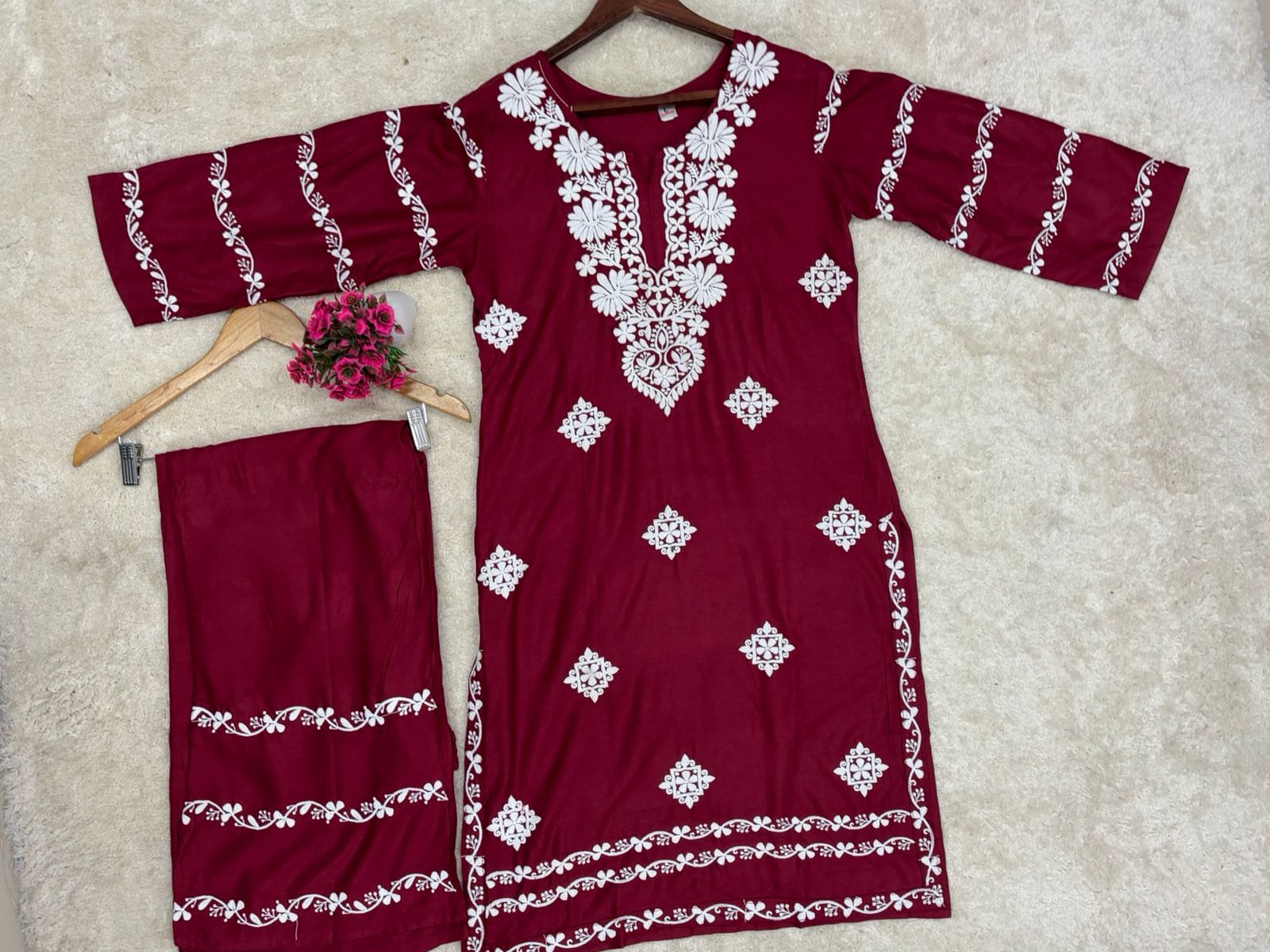 Maroon  Chikankari Kurti With Matching Printed Plazzo Suit 2Ps For Women
